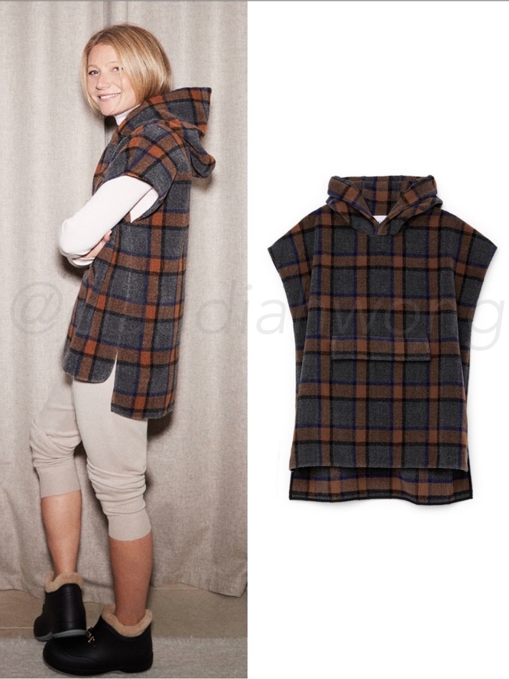 GWYN Taryn Wool Plaid Pullover Poncho Sweater in Earth